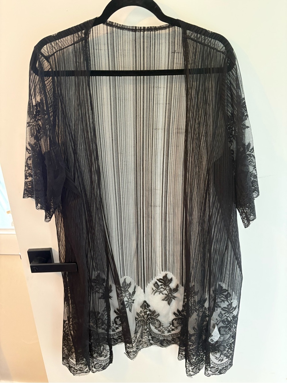 Black Sheer Lace Kimono Cardigan – Floral Lace Trim – Open Front 2x